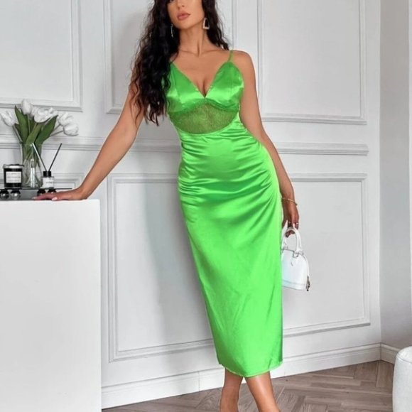 SATIN EFFECT DRESS WITH LACE NEONE GREEN SUMMER STYLES